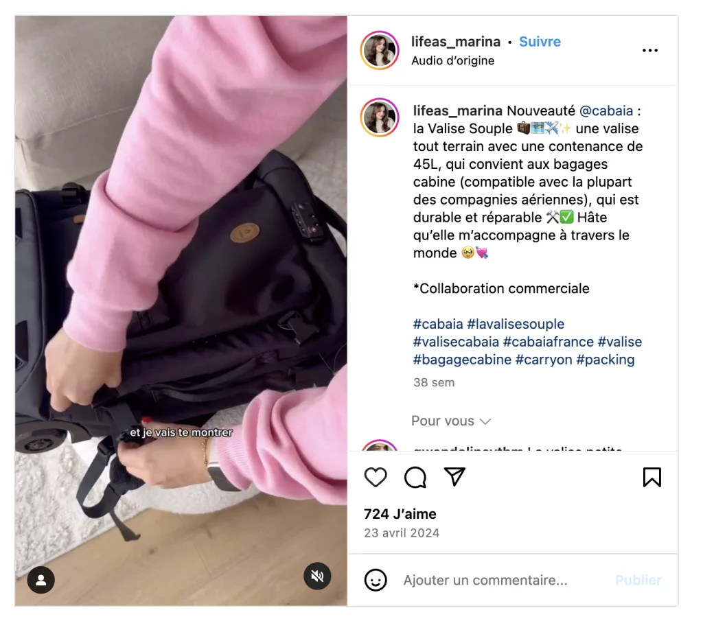 Publication Instagram partenariat Cabaia x lifeas_marina