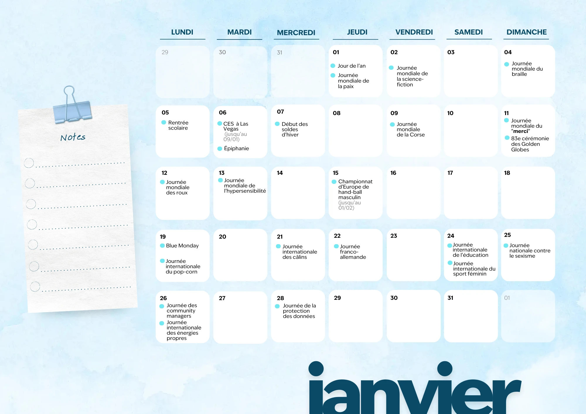 Visuel avec un calendrier du mois de janvier 2026 sur lequel sont inscrits les dates marronniers du mois de janvier 2026