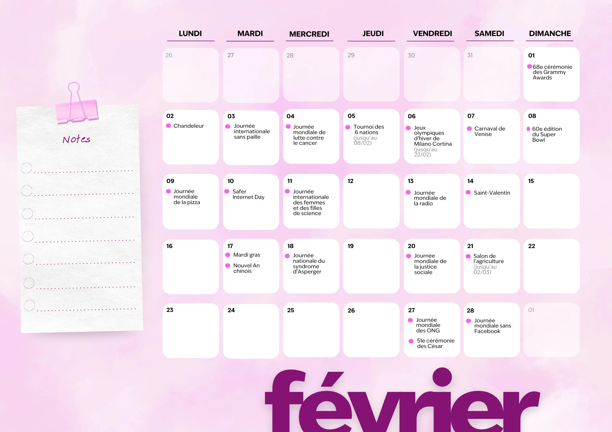 Calendrier des marronniers 2026, toutes les dates marketing du mois de février 2026