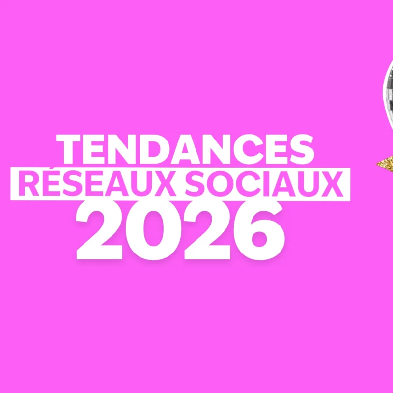 Fond rose fushia, écrit en blanc : "Tendances réseaux sociaux 2026"