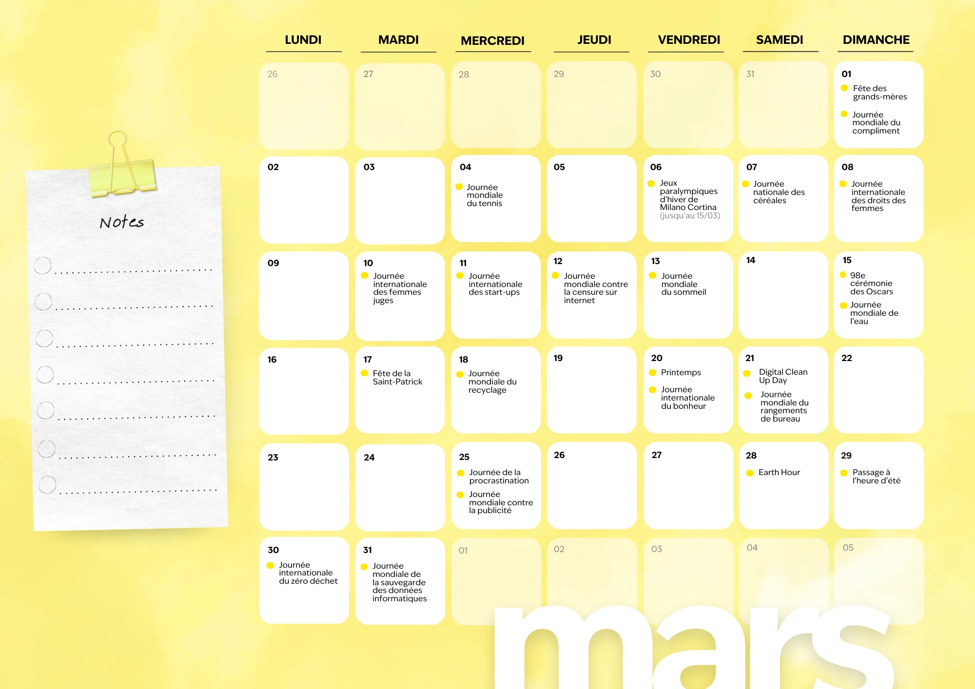 Calendrier des dates clés marketings du mois de mars 2026