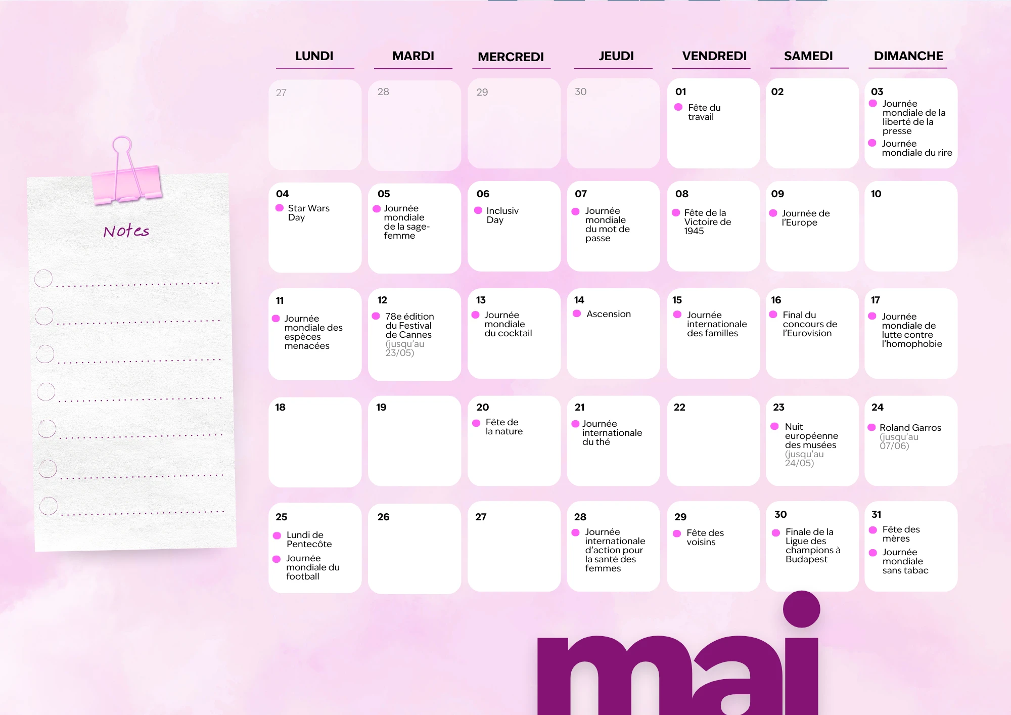 Calendrier du mois de mai 2026