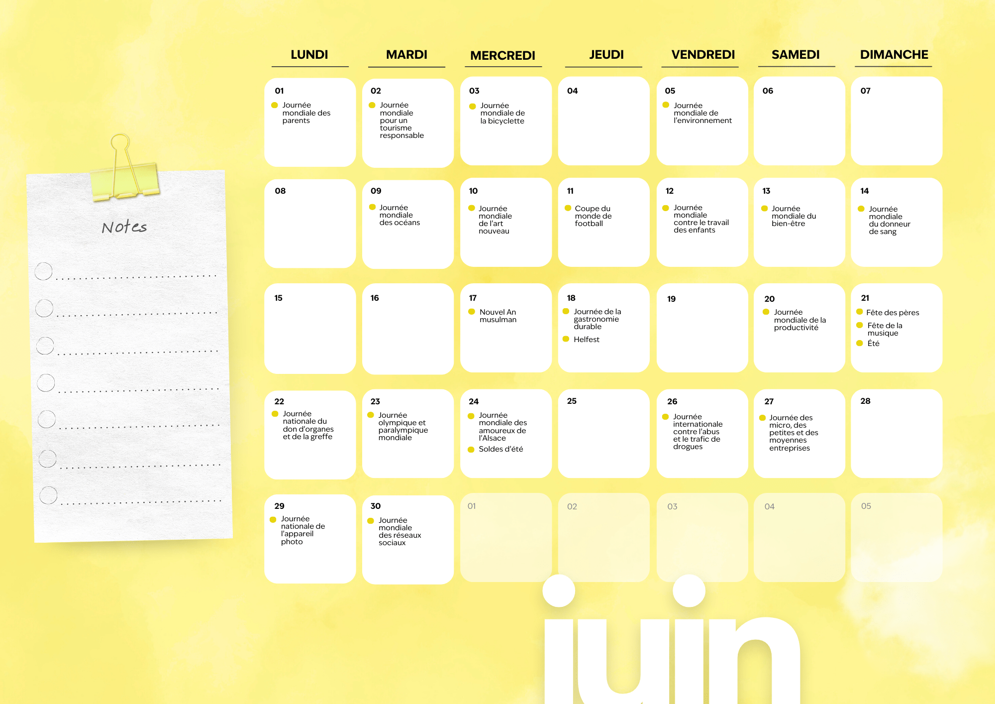 Calendrier marketing complet juin 2026